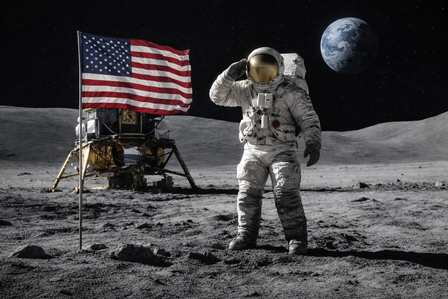 Astronauta na superfície da Lua com bandeira dos EUA e Terra ao fundo em imagem ilustrativa baseada em missão Apollo.