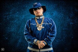 Imagem otimizada por IA de MC Ryan em traje azul com acessórios dourados.