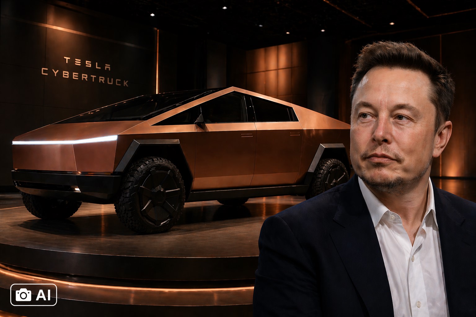 Imagem mostra um Tesla Cybertruck em exibição e o busto de Elon Musk em primeiro plano, em ambiente de apresentação automotiva.