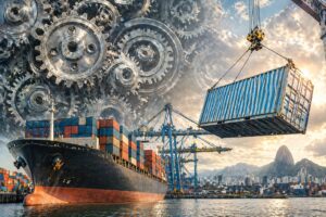 Ilustração gerada por IA mostra porto com navio cargueiro, contêiner suspenso por guindaste e engrenagens metálicas no céu, simbolizando esquema de corrupção no Porto do Rio.