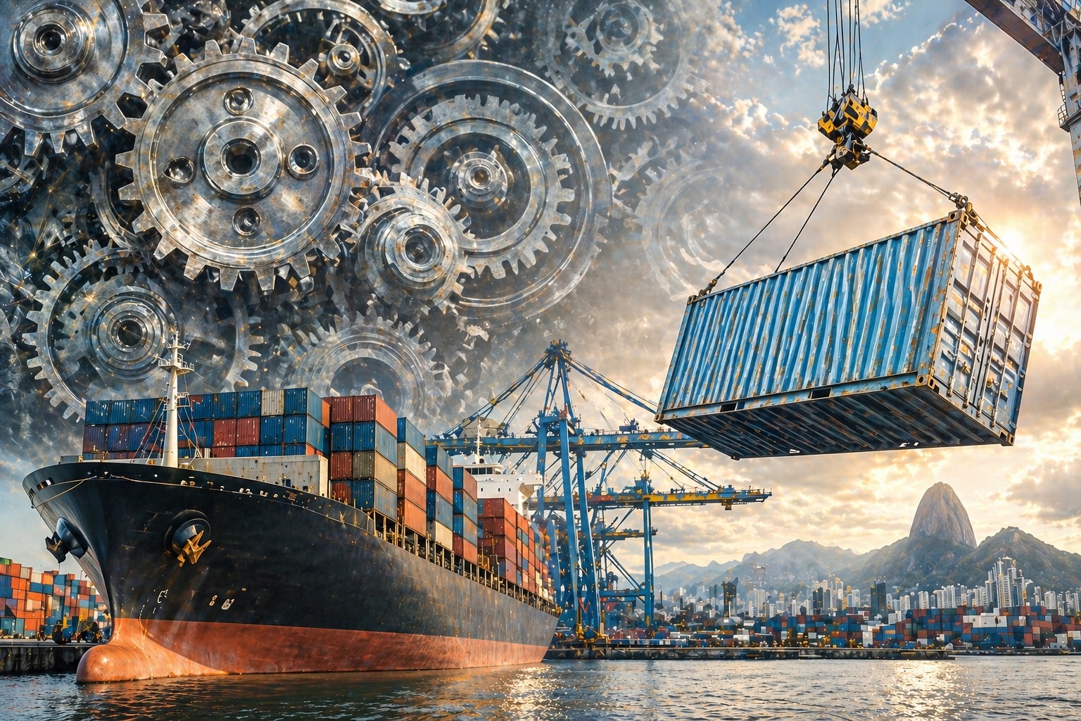 Ilustração gerada por IA mostra porto com navio cargueiro, contêiner suspenso por guindaste e engrenagens metálicas no céu, simbolizando esquema de corrupção no Porto do Rio.