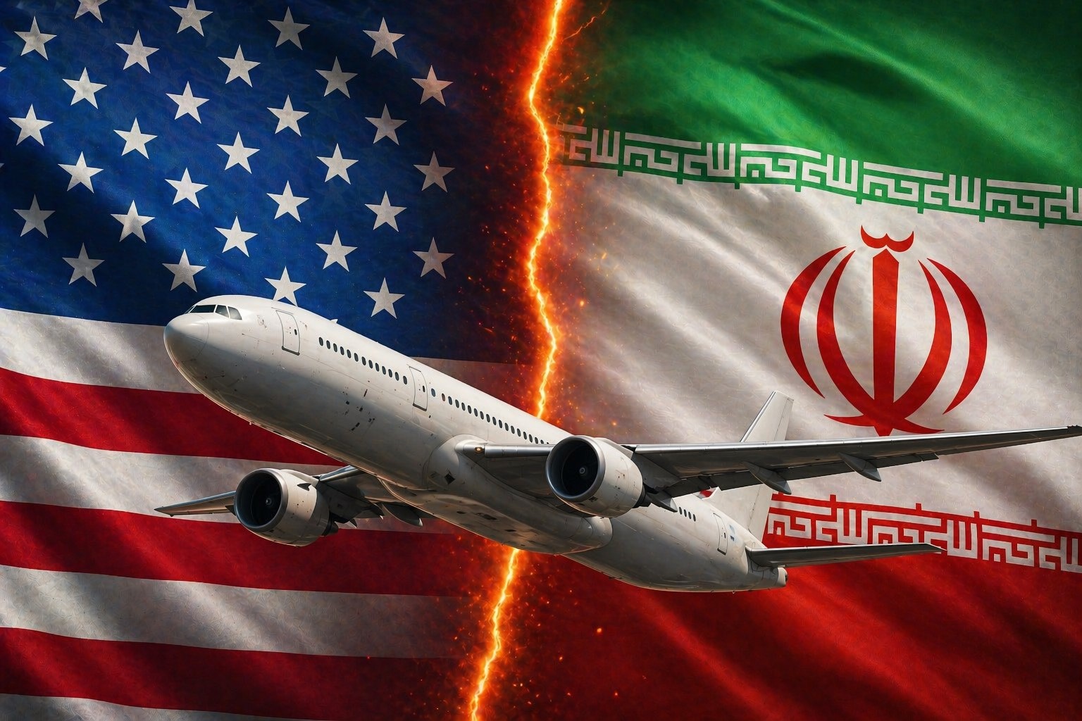 Montagem mostra bandeiras dos Estados Unidos e do Irã separadas por uma linha luminosa, com um avião de passageiros em destaque sobreposto.