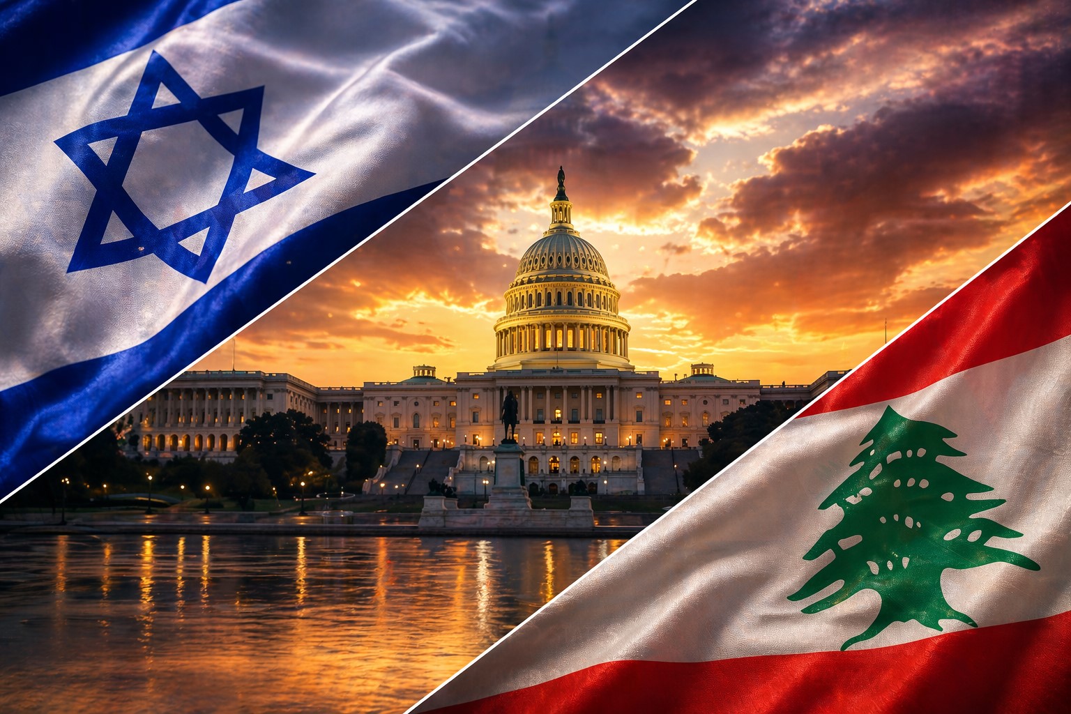 Montagem fotográfica ilustrativa gerada por IA mostra a bandeira de Israel, a bandeira do Líbano e, ao centro, o Capitólio dos Estados Unidos, em Washington, em composição diagonal que simboliza a mediação diplomática sobre o cessar-fogo.