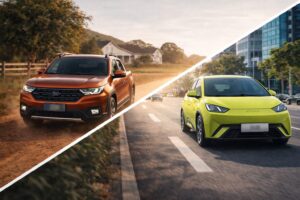 Montagem fotográfica gerada por IA com dois modelos de veículos em cenários distintos, representando o mercado automotivo.