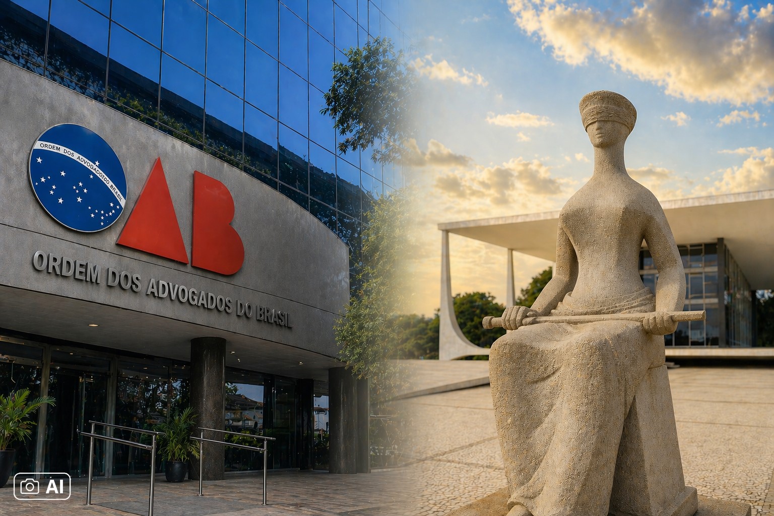 Montagem com fachada da OAB à esquerda e estátua da Justiça em frente ao STF à direita.