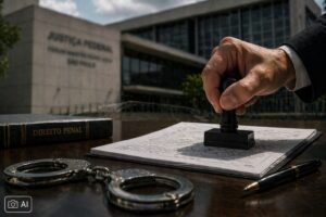 Montagem com carimbo em documento jurídico, algemas e prédio institucional ao fundo.