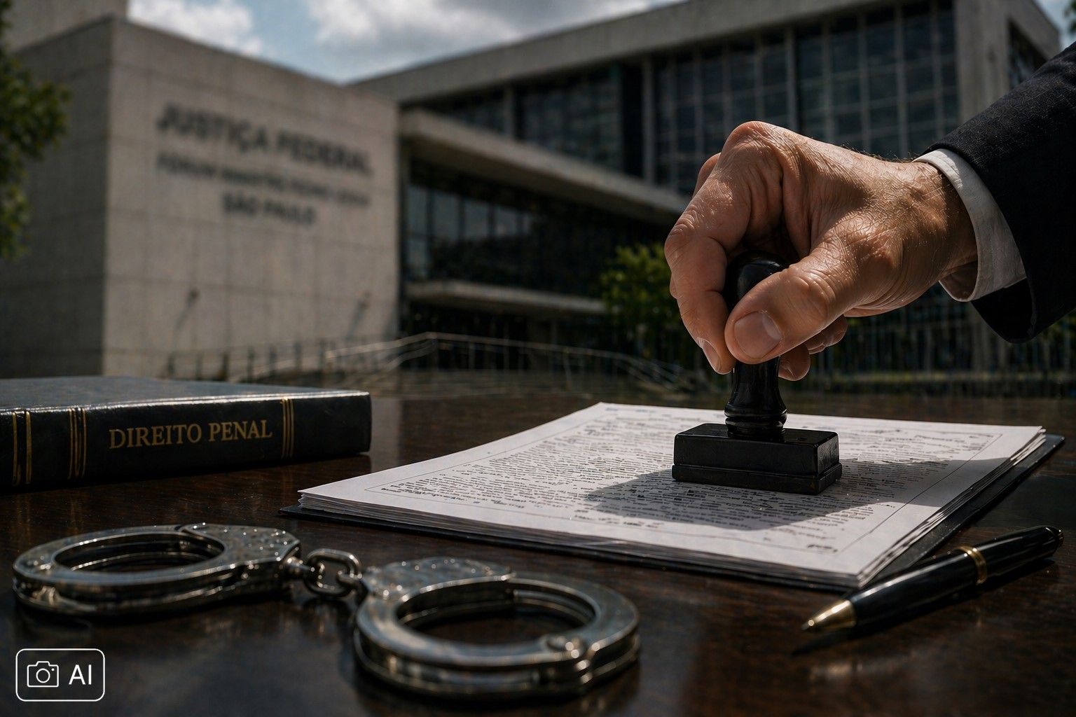 Montagem com carimbo em documento jurídico, algemas e prédio institucional ao fundo.