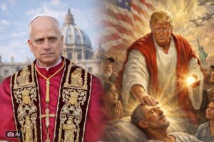 Imagem composta mostra Papa Leão XIV e ilustração publicada por Donald Trump em montagem com uso de IA