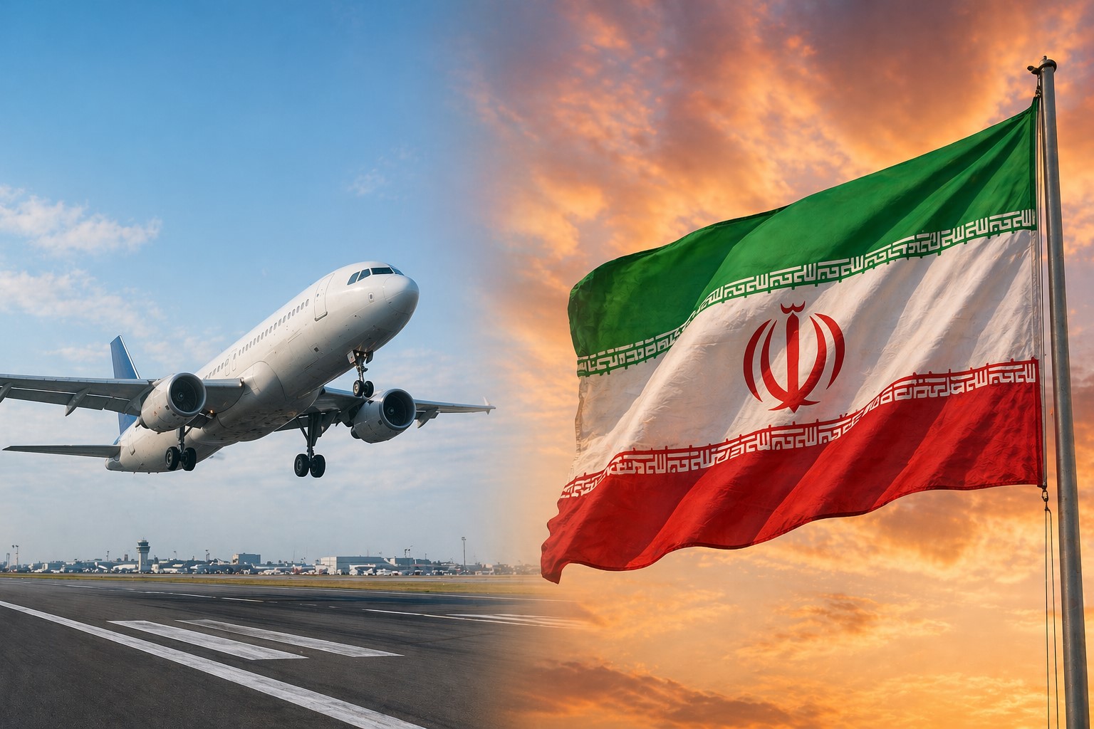 Imagem ilustrativa mostra a bandeira do Irã hasteada e um avião decolando em pista de aeroporto em composição dividida.