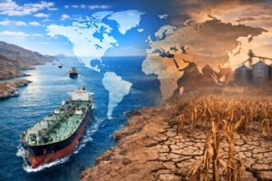 Montagem ilustrativa mostra navio cargueiro no Estreito de Ormuz, mapa-múndi sobreposto e, ao lado, solo rachado com plantação seca, em referência simbólica ao risco de escassez global.