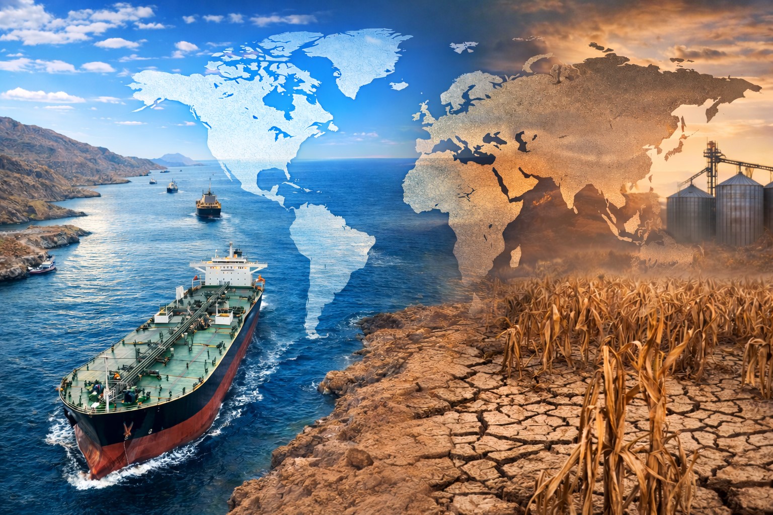Montagem ilustrativa mostra navio cargueiro no Estreito de Ormuz, mapa-múndi sobreposto e, ao lado, solo rachado com plantação seca, em referência simbólica ao risco de escassez global.