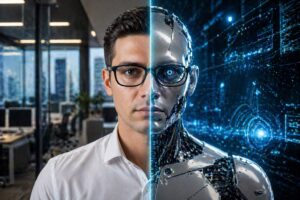 Montagem fotográfica mostra rosto dividido entre homem em ambiente corporativo e versão robótica em cenário tecnológico, simbolizando relação entre inteligência humana e artificial.