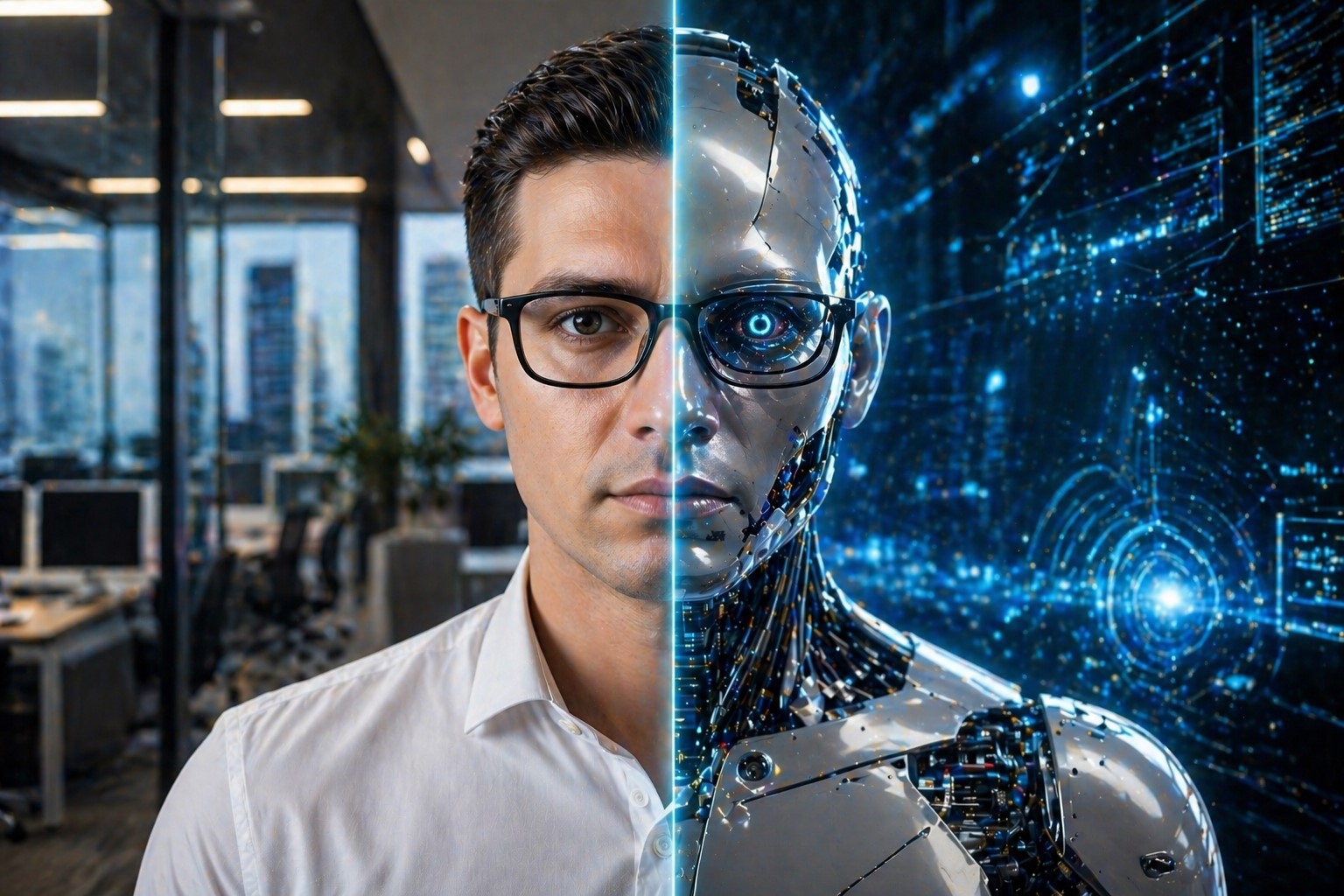 Montagem fotográfica mostra rosto dividido entre homem em ambiente corporativo e versão robótica em cenário tecnológico, simbolizando relação entre inteligência humana e artificial.