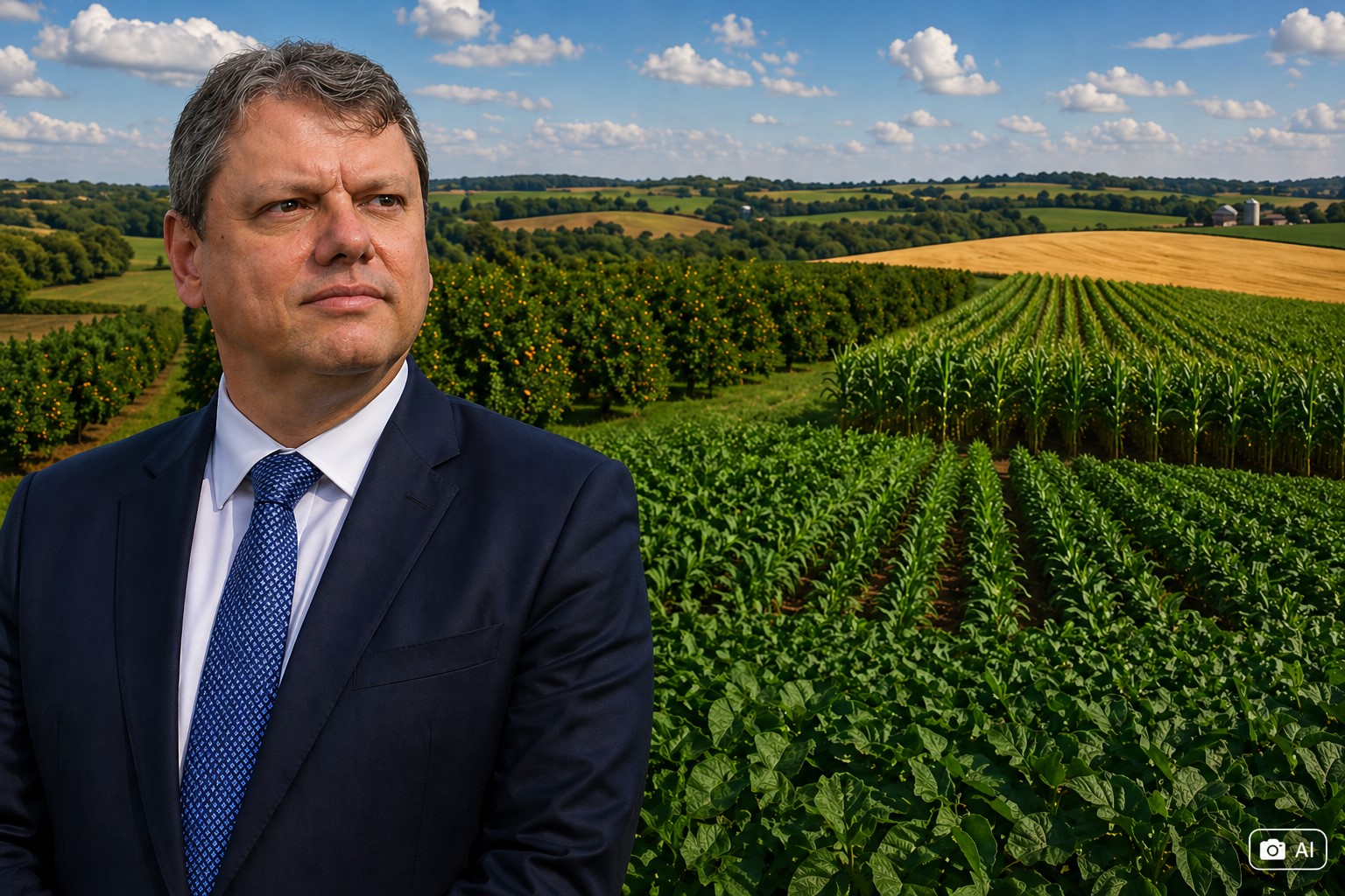 Ilustração mostra Tarcísio de Freitas em primeiro plano com lavouras ao fundo, representando o agronegócio no estado de São Paulo.
