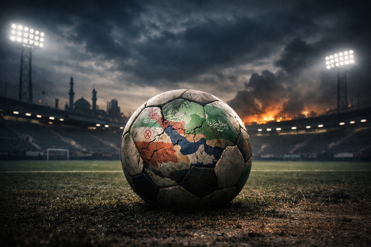 Bola de futebol desgastada em campo vazio sob céu carregado, com cenário urbano ao fundo e atmosfera de tensão que remete a conflitos no Golfo Pérsico.