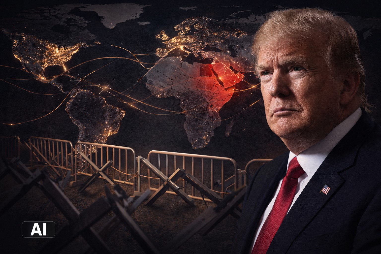 Montagem fotográfica ilustrativa com o presidente Donald Trump em primeiro plano e mapa-múndi com rotas comerciais destacando a região do Irã ao fundo.