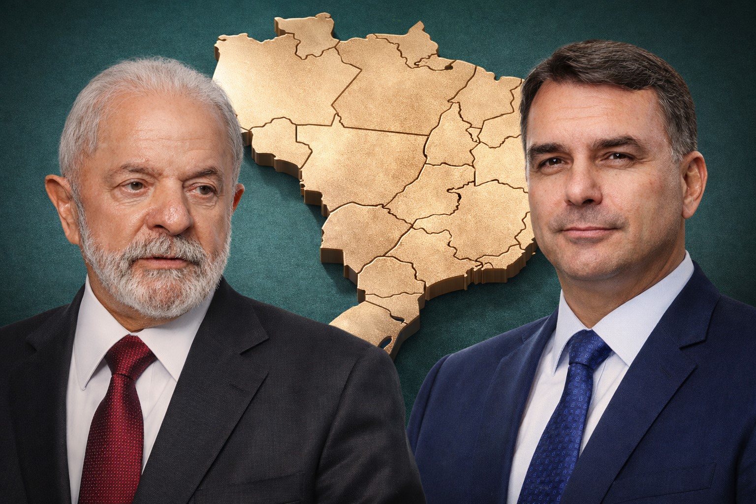 Montagem fotográfica mostra Lula e Flávio Bolsonaro sobre mapa do Brasil em 3D ao fundo.