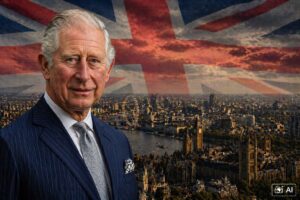 Ilustração mostra o rei Charles III em primeiro plano com vista aérea de Londres e bandeira do Reino Unido ao fundo.