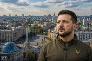 Montagem gerada por IA mostra vista semiaérea do centro de Kiev, na Ucrânia, com Volodymyr Zelensky em primeiro plano à direita.