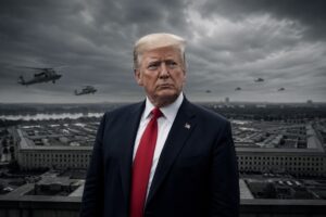 Montagem fotográfica realista mostra Donald Trump em primeiro plano, com o Pentágono ao fundo em composição editorial sobre tensão militar.