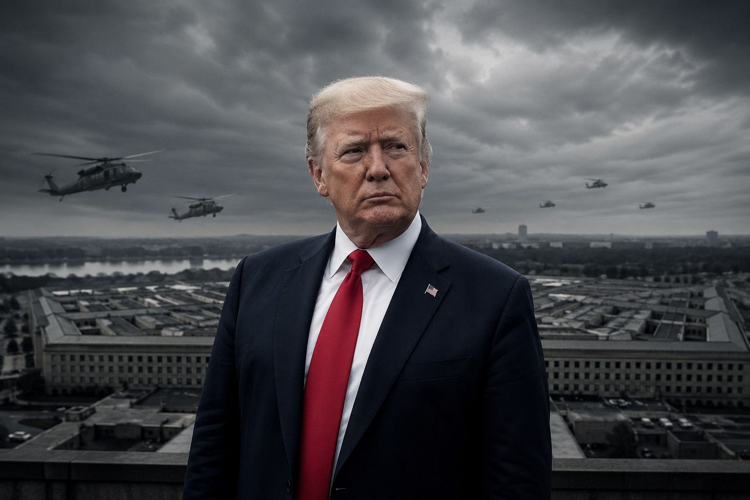 Montagem fotográfica realista mostra Donald Trump em primeiro plano, com o Pentágono ao fundo em composição editorial sobre tensão militar.