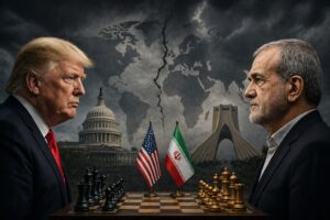 Ilustração gerada por IA mostra Donald Trump e Massoud Pezeshkian frente a frente com tabuleiro de xadrez ao centro, simbolizando tensão diplomática entre Estados Unidos e Irã.