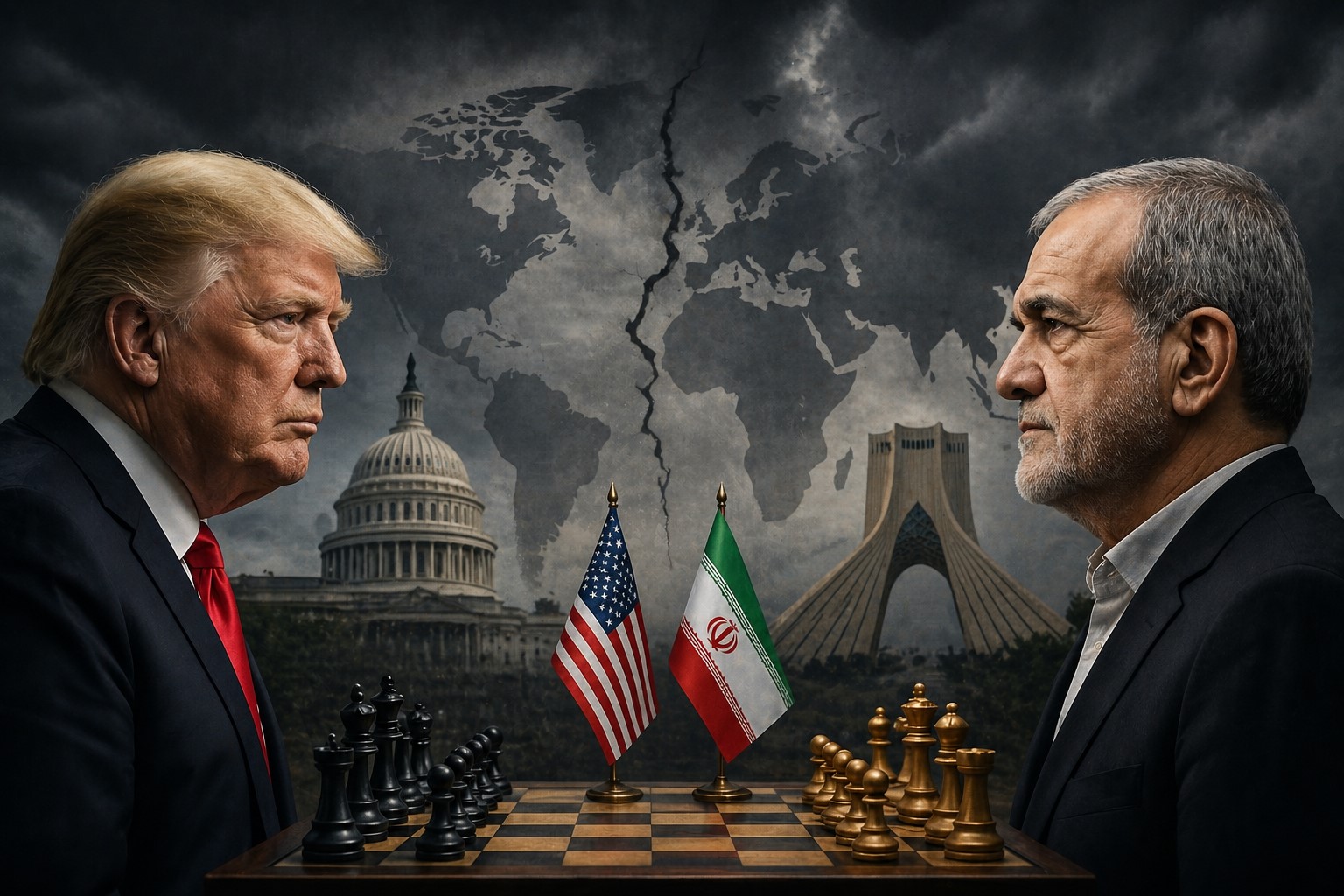 Ilustração gerada por IA mostra Donald Trump e Massoud Pezeshkian frente a frente com tabuleiro de xadrez ao centro, simbolizando tensão diplomática entre Estados Unidos e Irã.