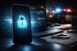 Smartphone com cadeado digital e cenário de investigação policial ao fundo.