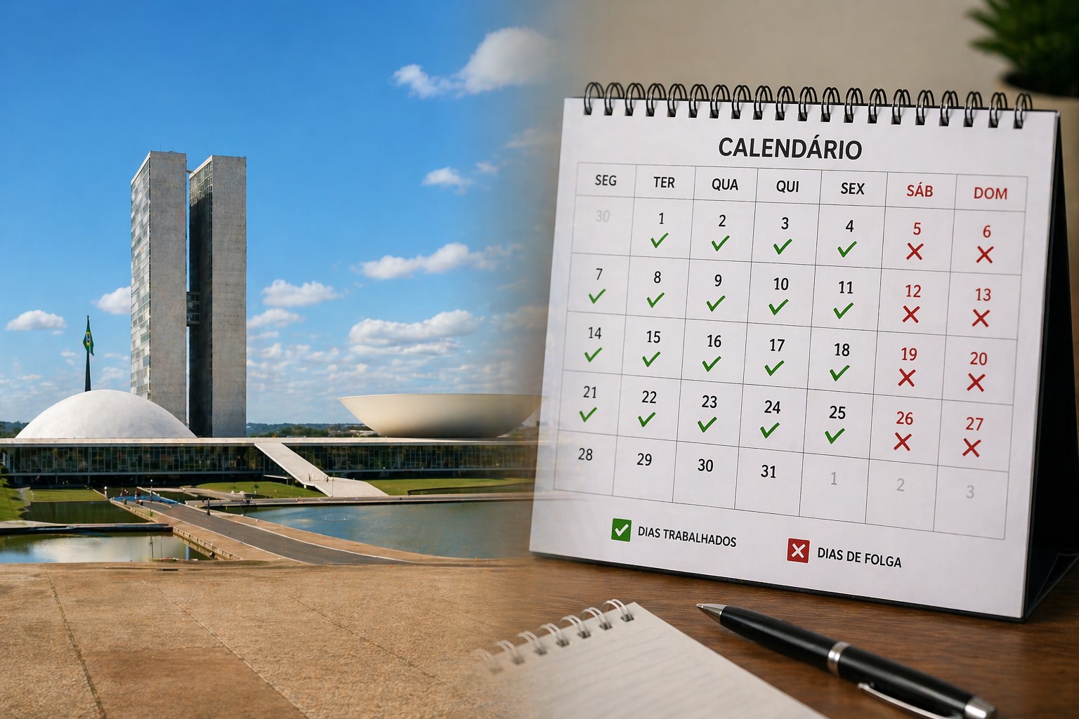 Montagem fotográfica ilustrativa gerada por IA mostra a Praça dos Três Poderes em Brasília e, ao lado, um calendário destacando dias úteis e folgas, representando o debate sobre o fim da escala 6x1.
