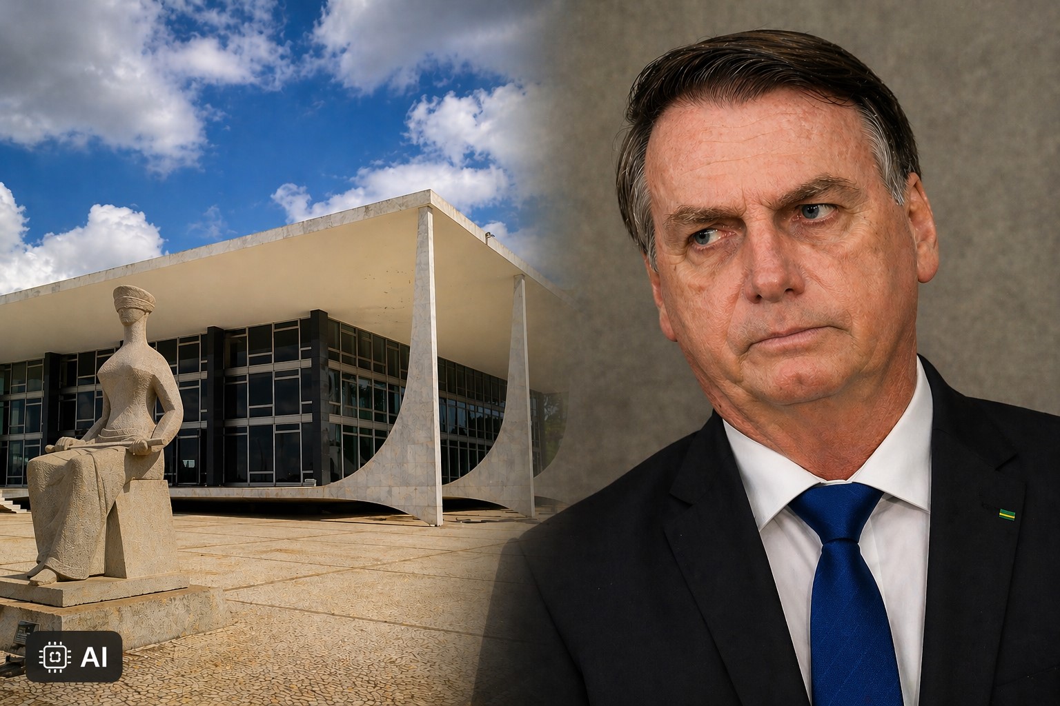 Montagem fotográfica ultra-realista mostra, à esquerda, a sede do STF com a estátua da Justiça e, à direita, o busto do ex-presidente Jair Bolsonaro em traje formal.