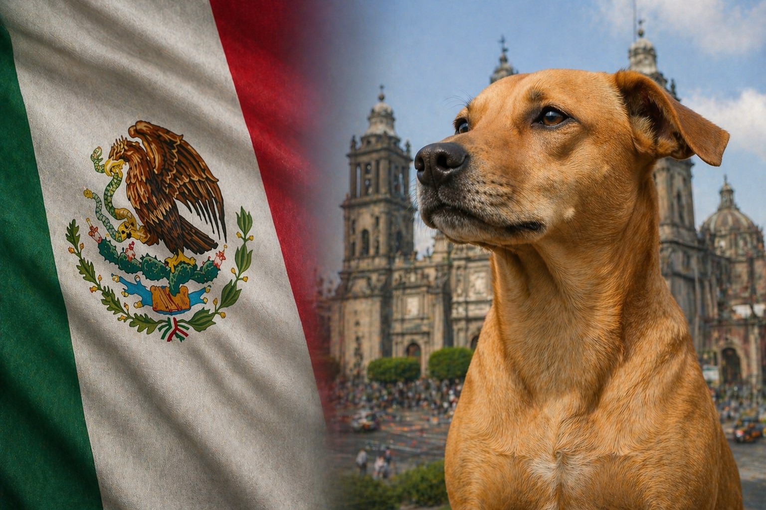 Montagem com bandeira do México à esquerda e cão caramelo em frente a cenário urbano mexicano à direita.