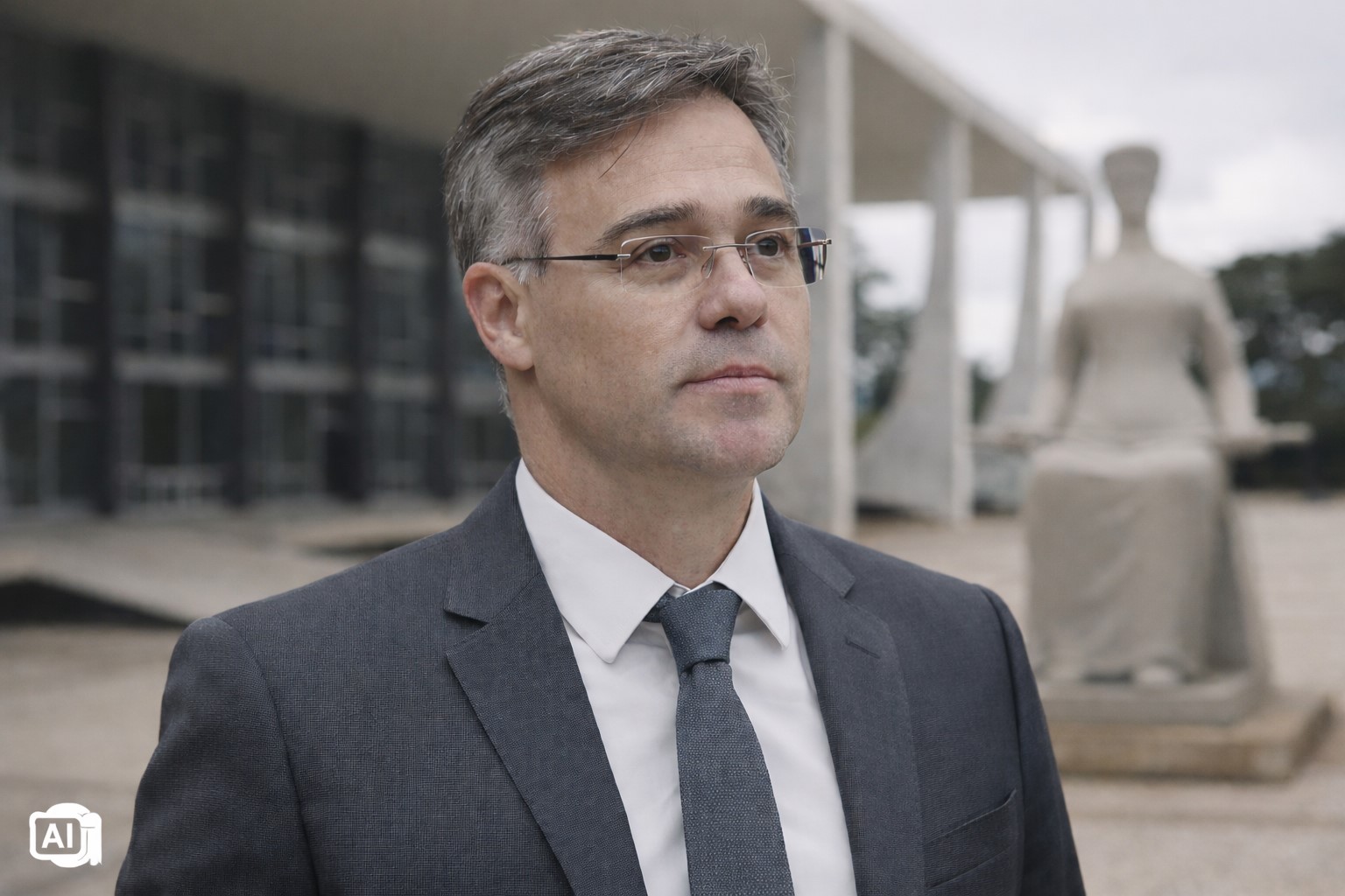 Imagem gerada por IA representando o ministro André Mendonça em frente ao STF