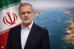 Montagem fotográfica ultrarrealista do presidente do Irã, Massoud Pezeshkian, com bandeira iraniana e vista do Golfo Pérsico ao fundo.