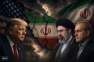 Ilustração fotográfica com Donald Trump, líderes iranianos e mapa do Irã rachado ao centro.