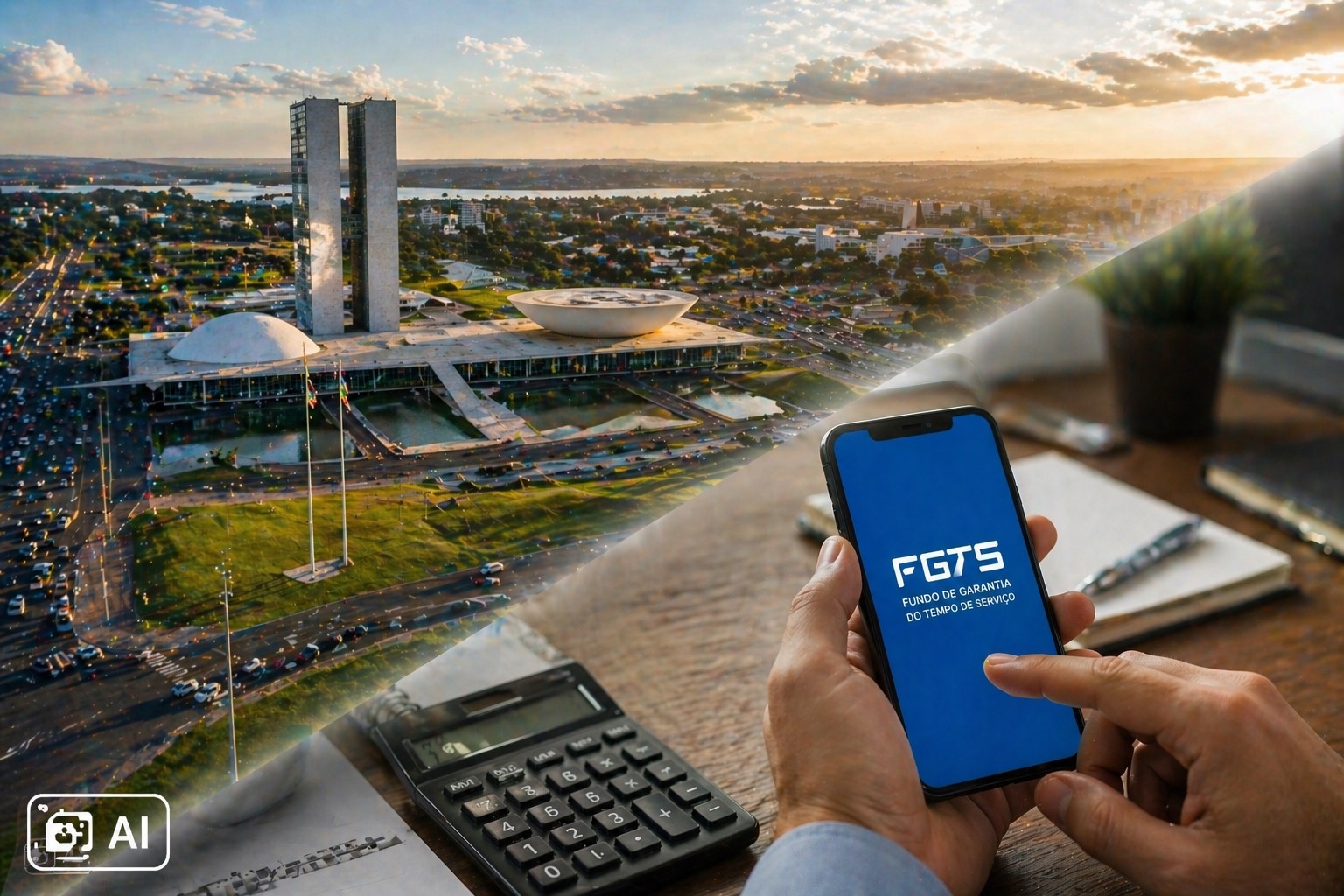 Montagem com vista aérea de Brasília e uso do aplicativo FGTS no celular em ambiente de escritório.