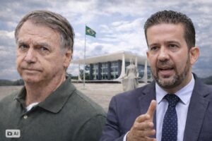 Montagem com Jair Bolsonaro e André Janones em frente ao STF.