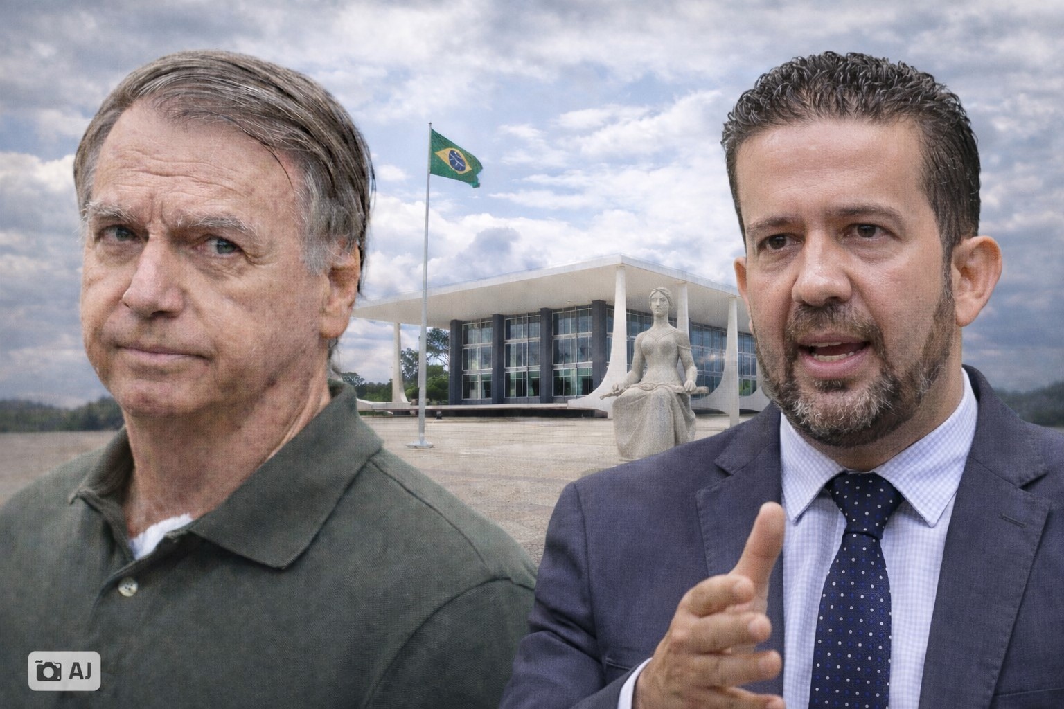 Montagem com Jair Bolsonaro e André Janones em frente ao STF.
