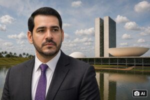 Ilustração fotográfica gerada por IA mostra Jorge Messias em frente ao Senado Federal.
