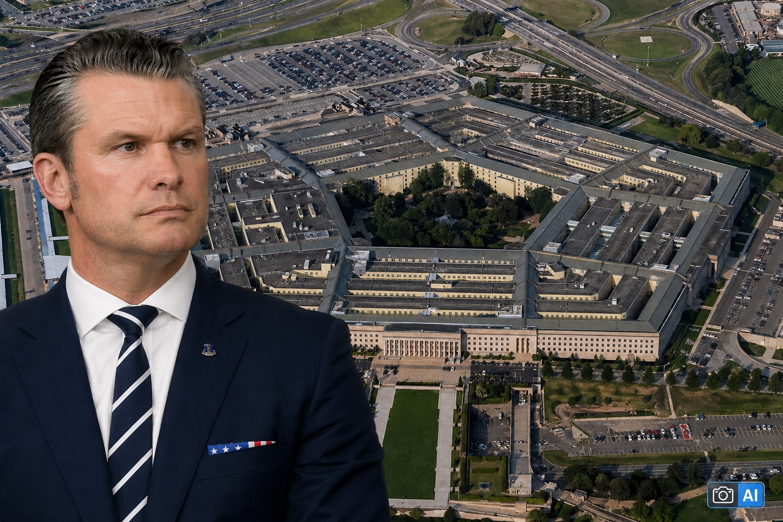 Montagem gerada por IA mostra Pete Hegseth sobreposto a uma vista semiaérea do Pentágono.