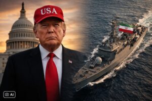Montagem fotográfica mostra Donald Trump diante do Capitólio e navio iraniano no Estreito de Ormuz.