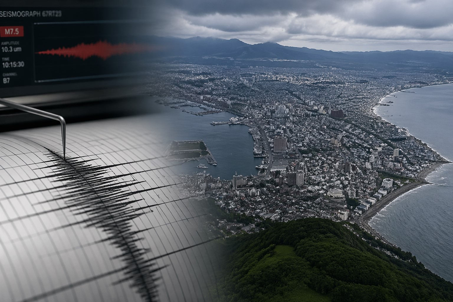 Montagem fotográfica ultra-realista da costa de Hokkaido com sismógrafo registrando atividade sísmica.