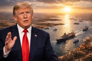 Montagem fotográfica ultrarrealista mostra Donald Trump em primeiro plano sobreposto a uma vista aérea do Golfo Pérsico ao entardecer.