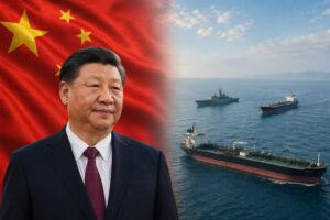 Montagem fotográfica com o presidente da China, Xi Jinping, à frente da bandeira chinesa, ao lado de navios no Estreito de Ormuz.