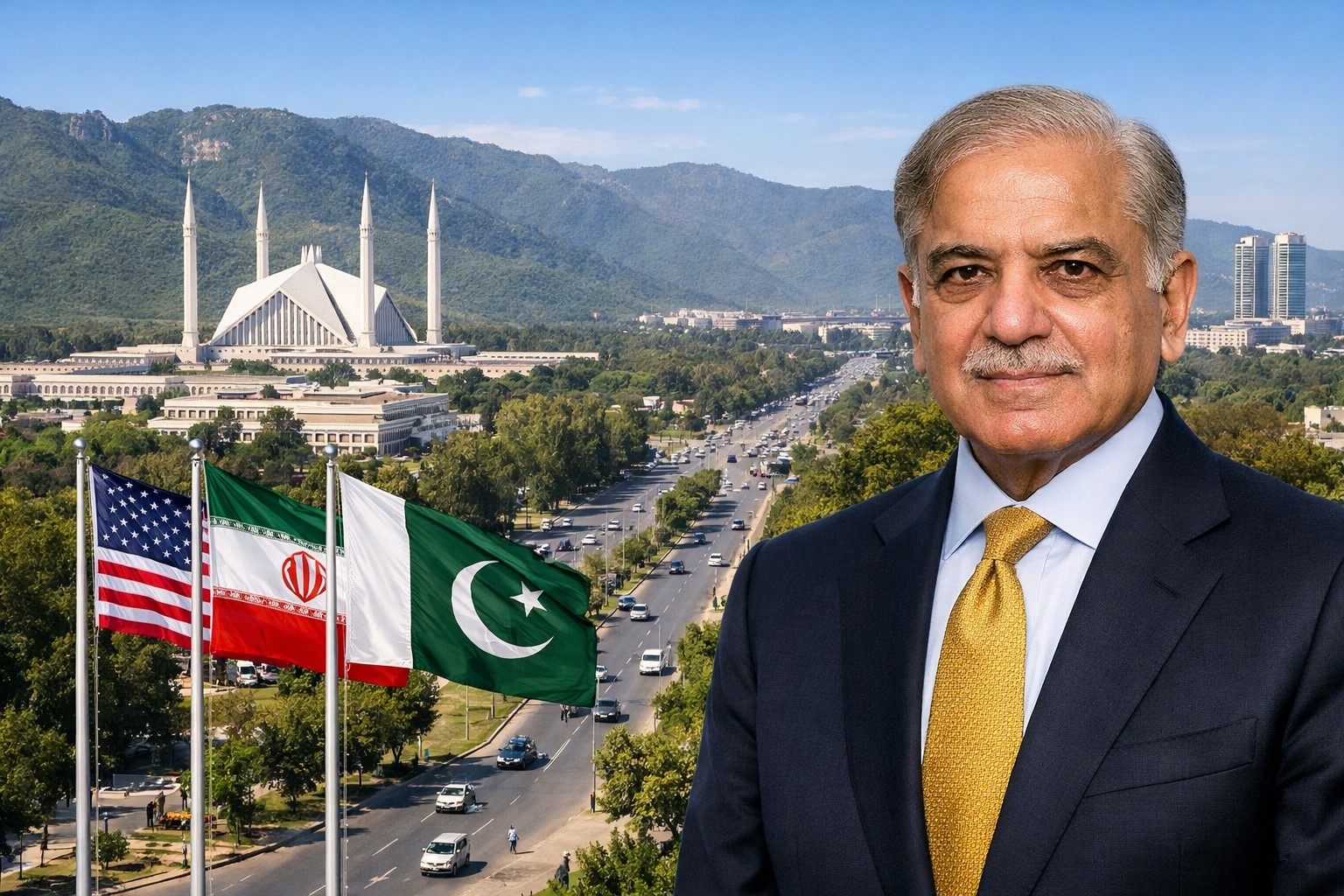 Montagem fotográfica ultrarrealista com o primeiro-ministro do Paquistão, Shehbaz Sharif, sobreposto ao centro de Islamabad, com bandeiras dos Estados Unidos, Irã e Paquistão.