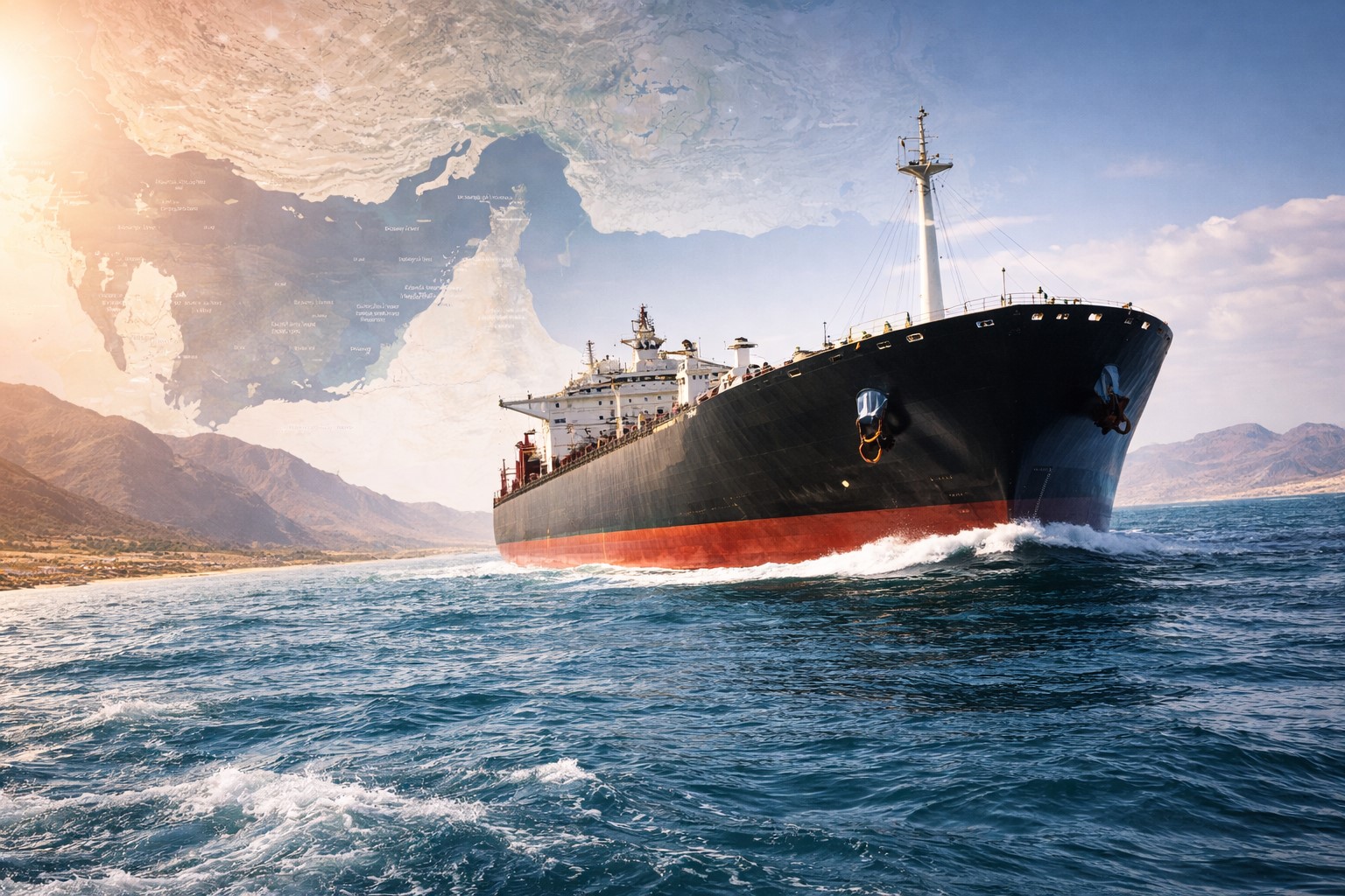 Imagem ilustrativa de navio petroleiro no estreito de Ormuz com mapa da região ao fundo.