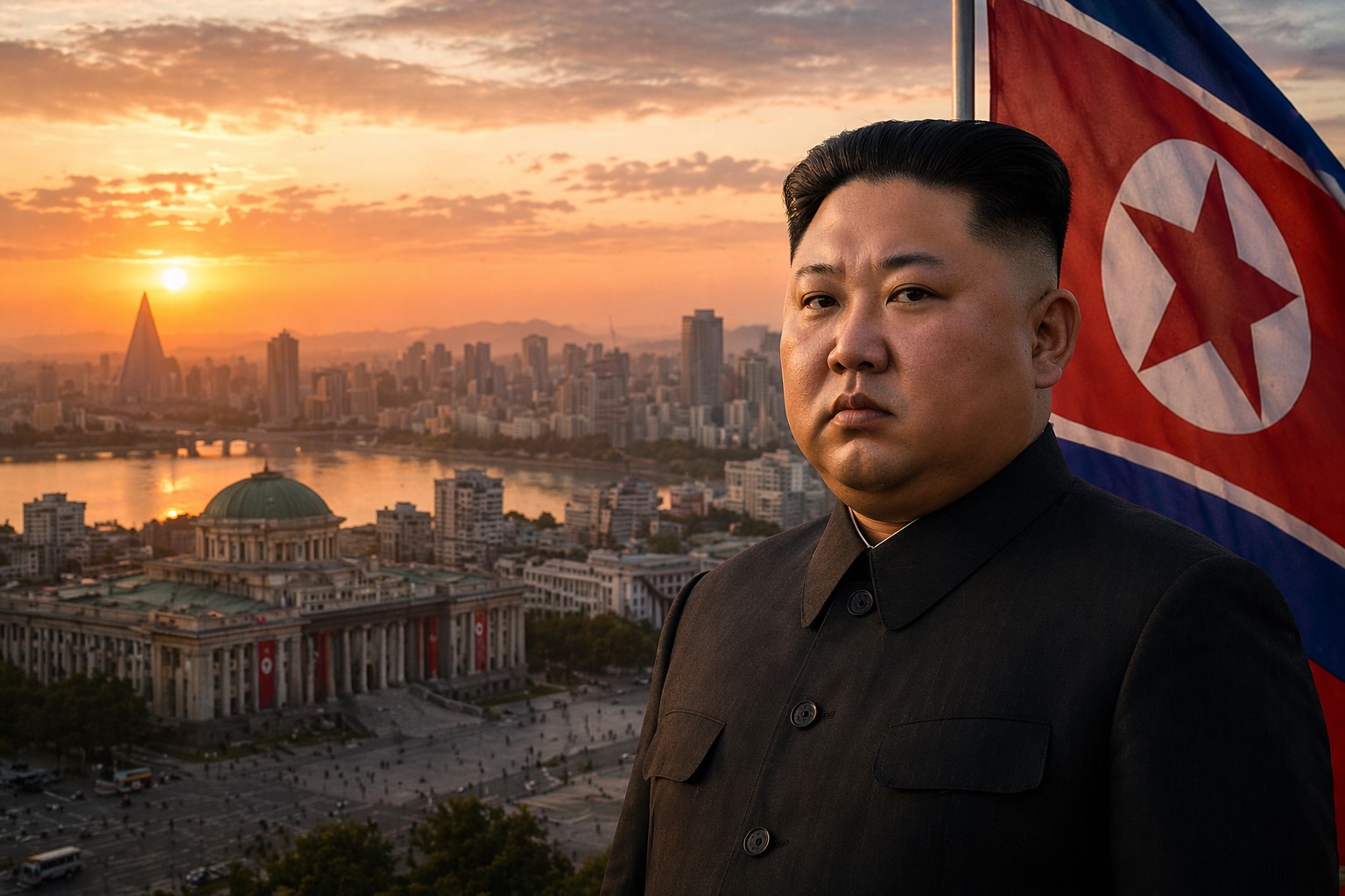 Imagem de Kim Jong-un com bandeira da Coreia do Norte e Pyongyang ao fundo gerada por IA.