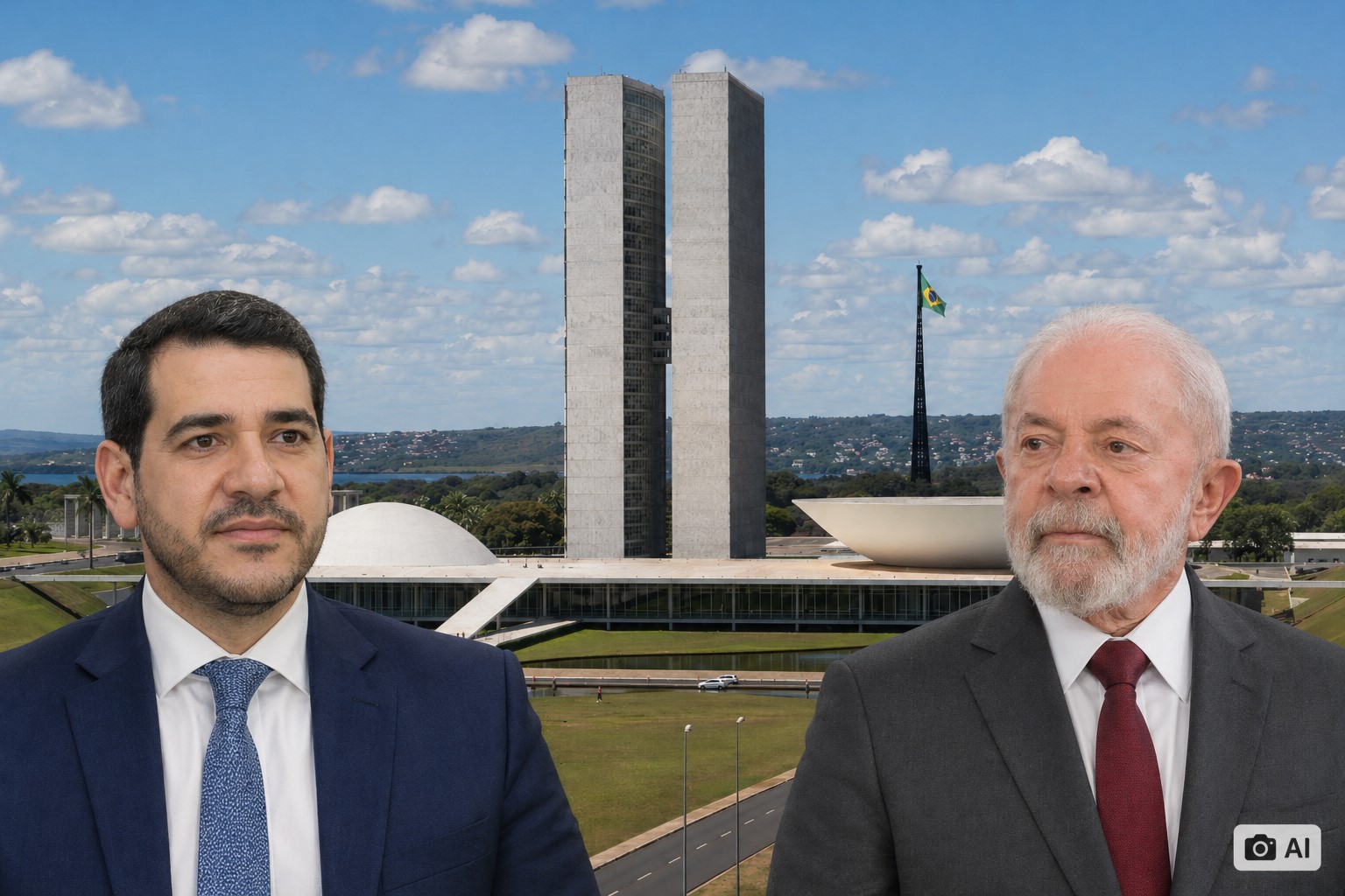 Montagem fotográfica ultra-realista com Brasília ao fundo e bustos de Jorge Messias e do presidente Lula em sobreposição editorial.