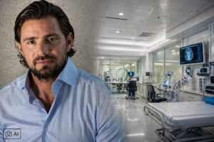 Montagem com representação de Daniel Vorcaro e ambiente hospitalar em contexto de exames médicos.