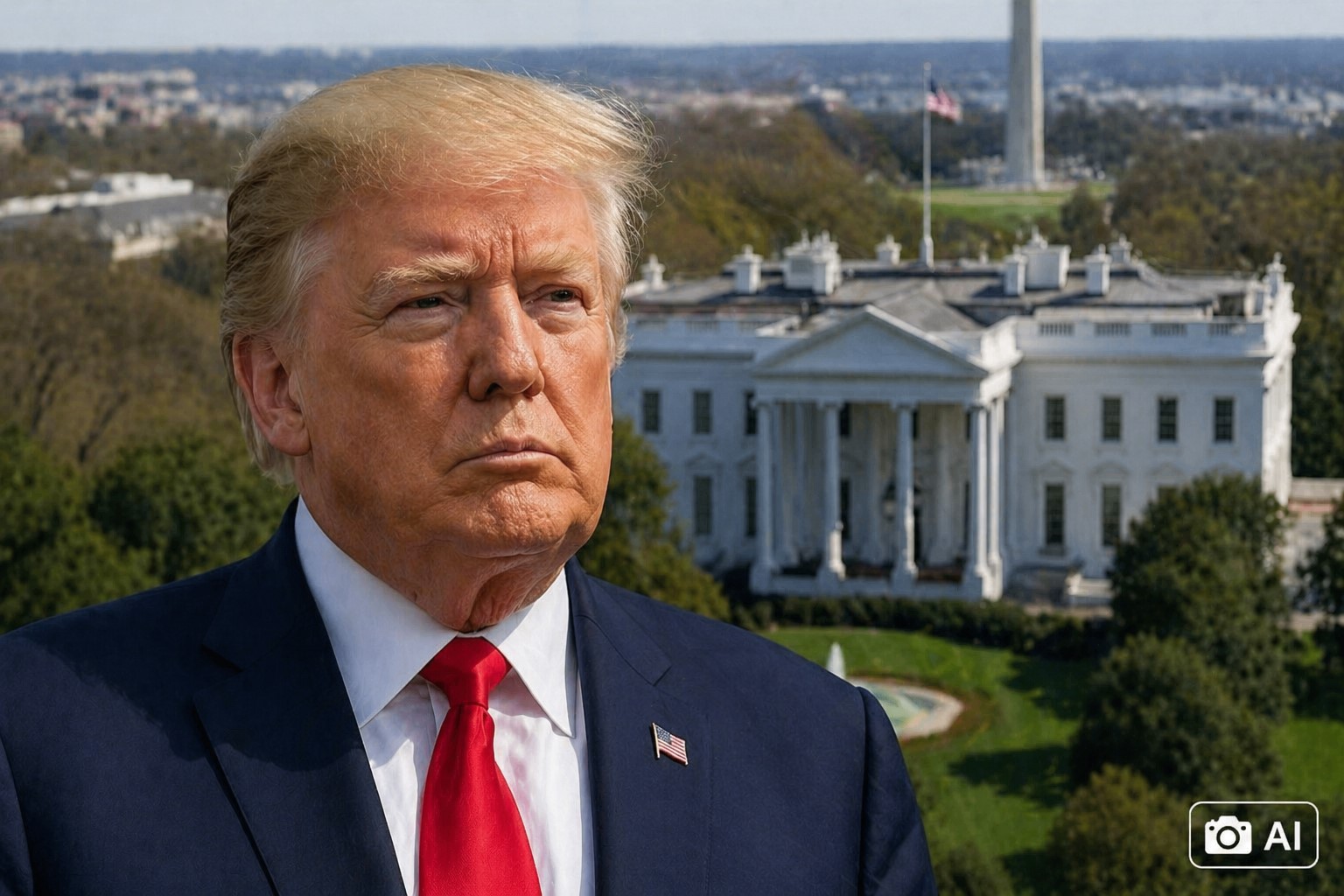 Ilustração fotográfica gerada por IA mostra Donald Trump com fundo da Casa Branca.