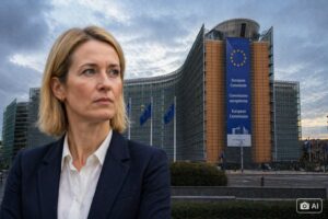 Imagem ilustrativa mostra sede da União Europeia em Bruxelas com Kaja Kallas em primeiro plano.